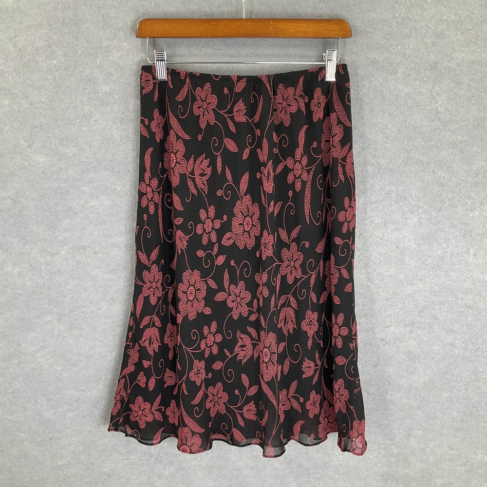 Vintage Floral‎ Midi Skirt Black Red Bloomcore Sz 12 Romantic Whimsigoth Y2K